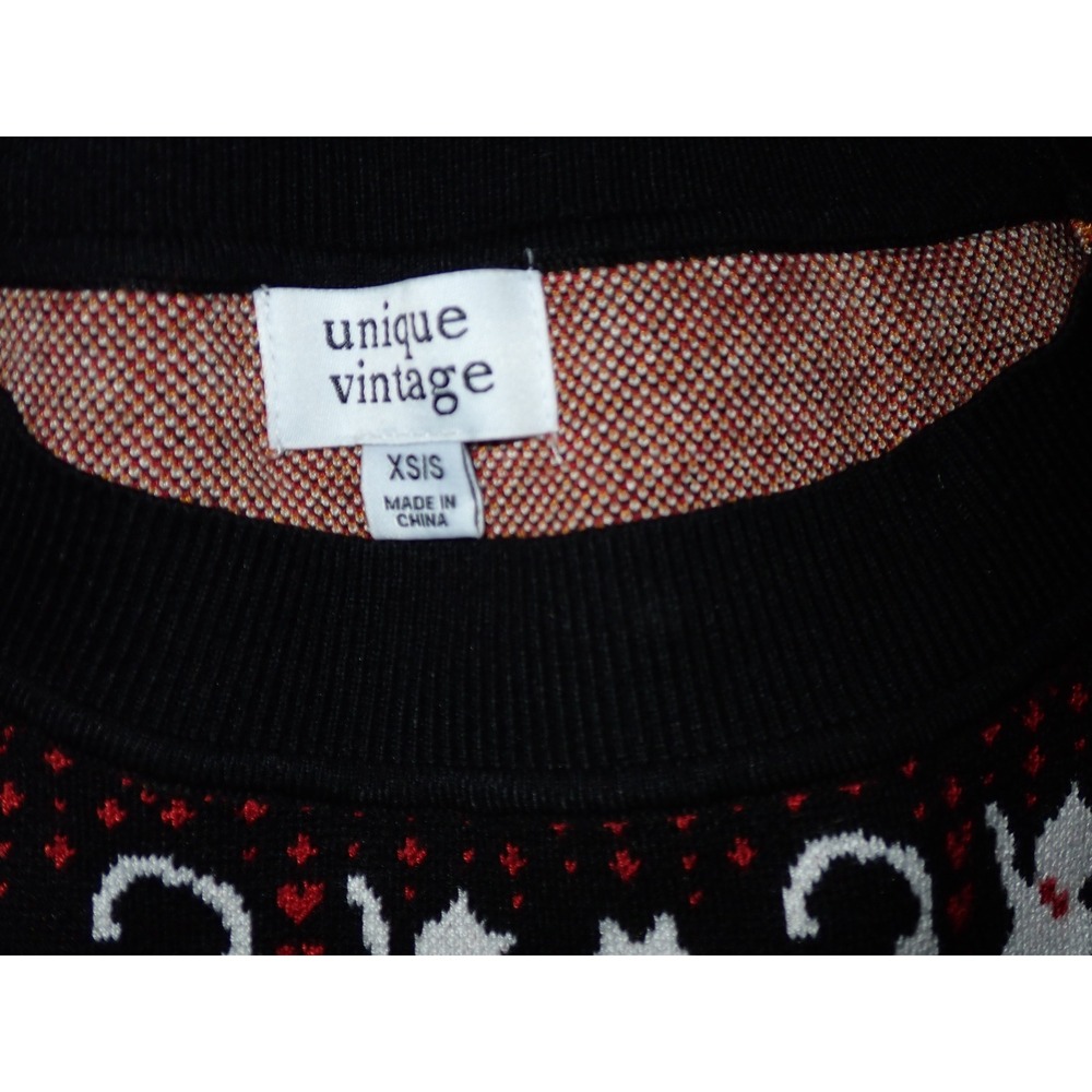 Unique Vintage Women's Cat Fair Isle Knit Sweater Black Red White Size XS/S - Picture 5 of 5